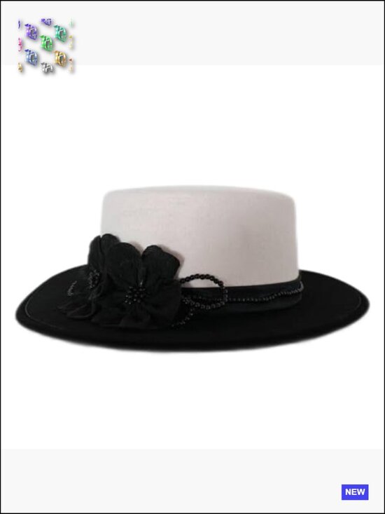 Dome and Flat Brim Wool Felt Fedora Hat with Flower Beaded Decoration for Church main image 4
